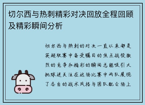 切尔西与热刺精彩对决回放全程回顾及精彩瞬间分析