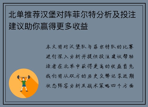 北单推荐汉堡对阵菲尔特分析及投注建议助你赢得更多收益